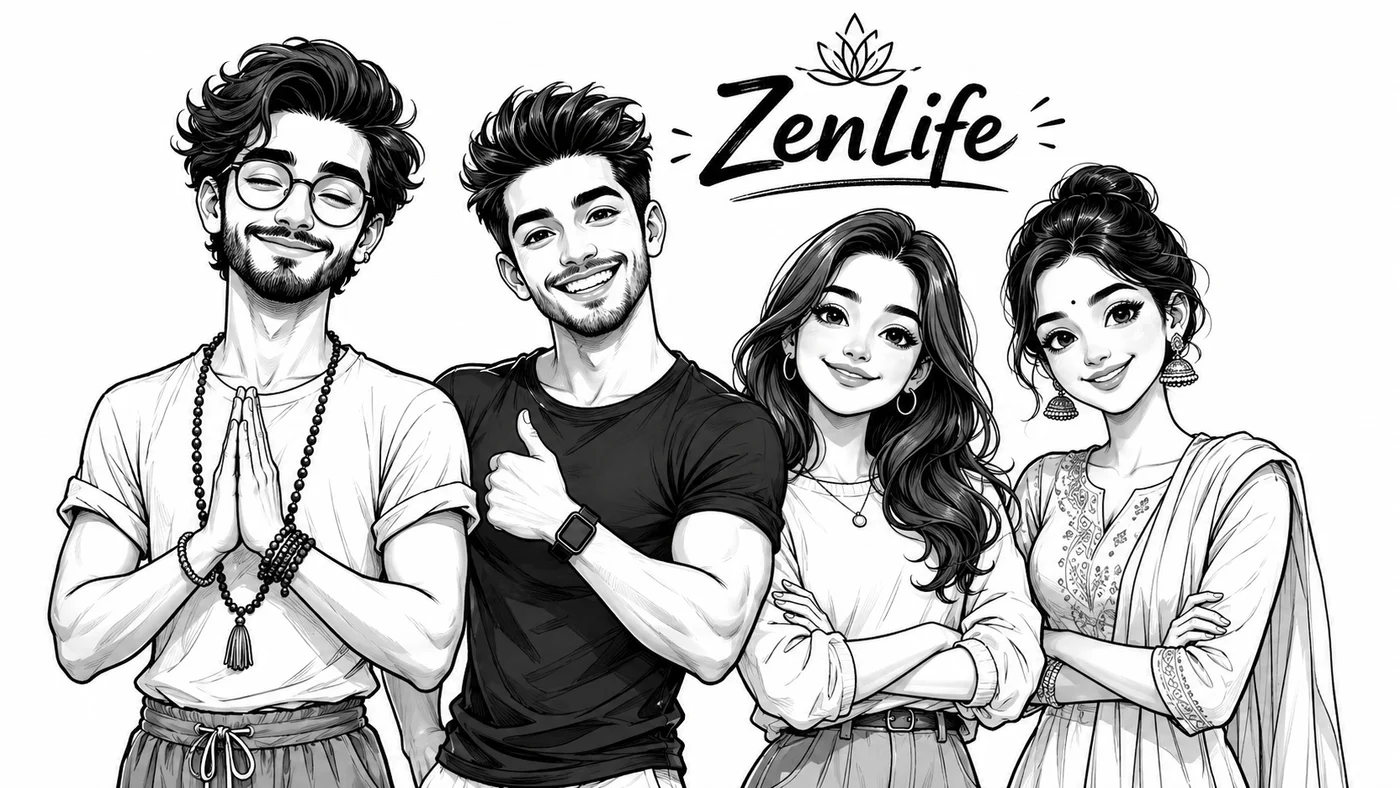 The ZenLife team — a yogi, an athletic engineer, a modern lady, and a teammate in traditional Andhra attire — under hand-lettered 'ZenLife'